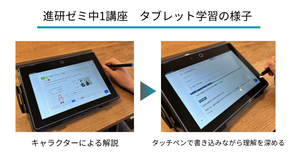 進研ゼミ中学講座 タッチペンでタブレット学習する様子