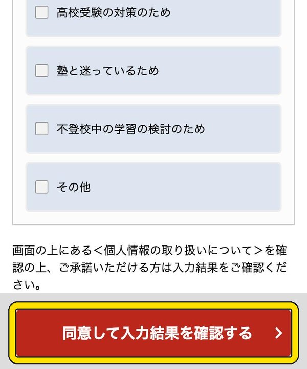 資料請求フォームの同意して入力結果を確認するボタン